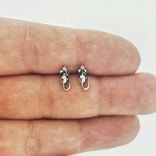 Handcrafted sterling silver mouse stud earrings with whimsical detail – Le Dragon Argenté