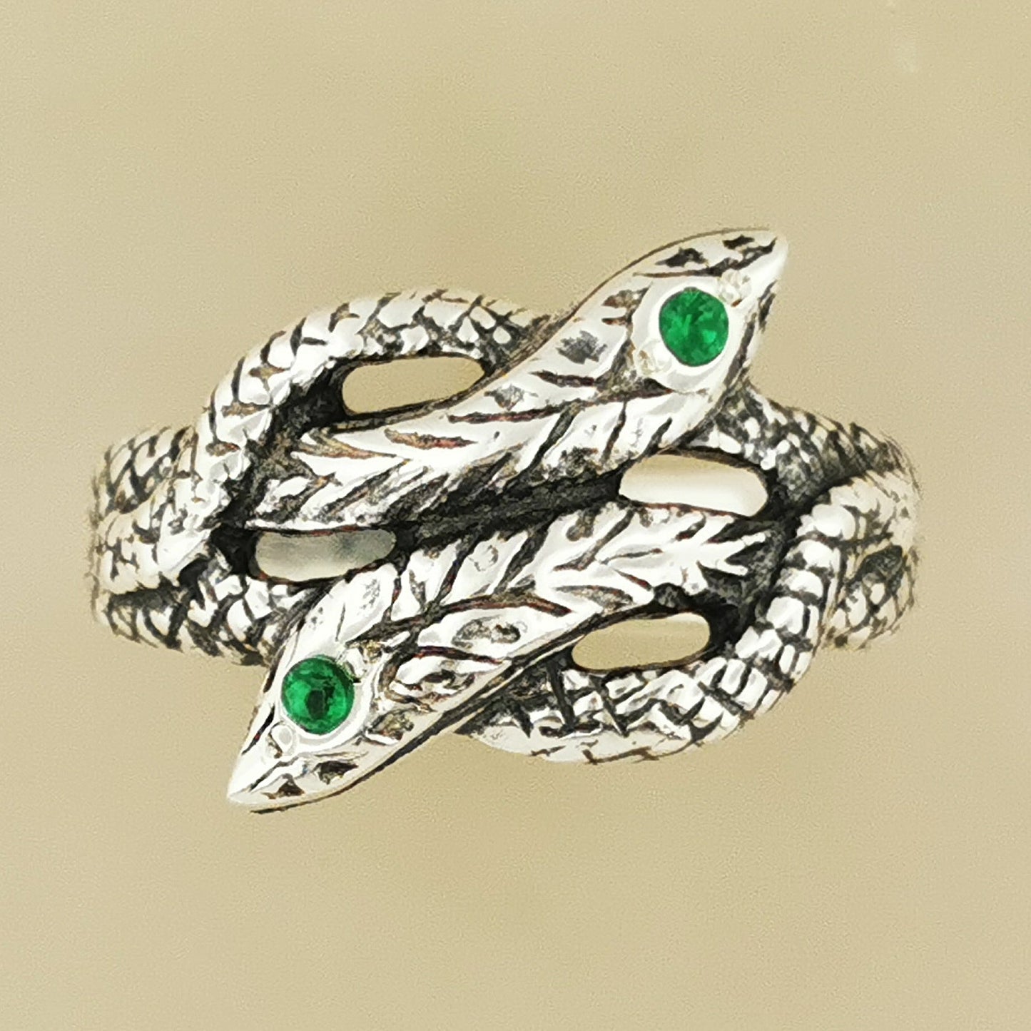 Twin Coiled Snakes Ring with May Birthstones in Sterling Silver - Le Dragon Argenté