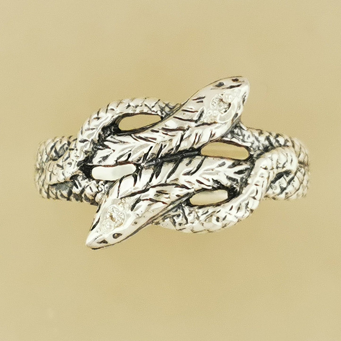 Twin Coiled Snakes Ring with Gemstones in Sterling Silver - Le Dragon Argenté