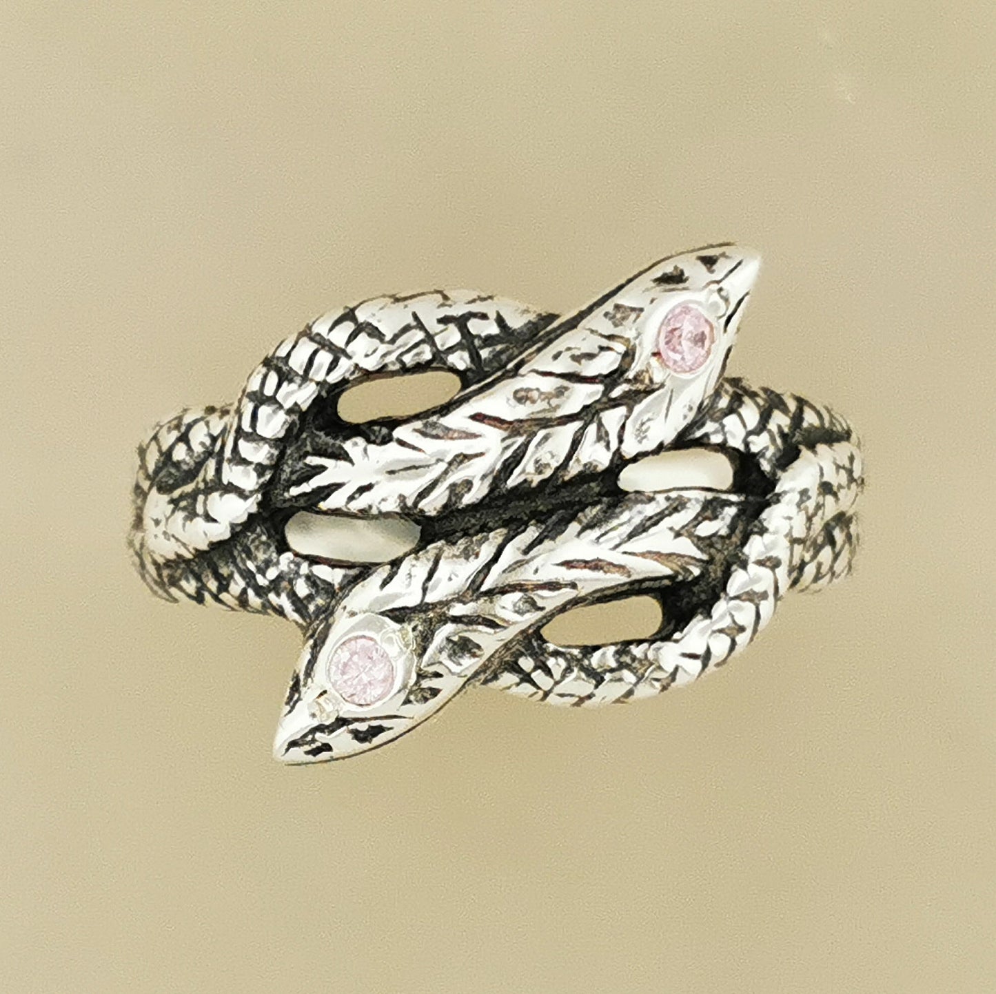 Twin Coiled Snakes Ring with October Birthstone in Sterling Silver - Le Dragon Argenté