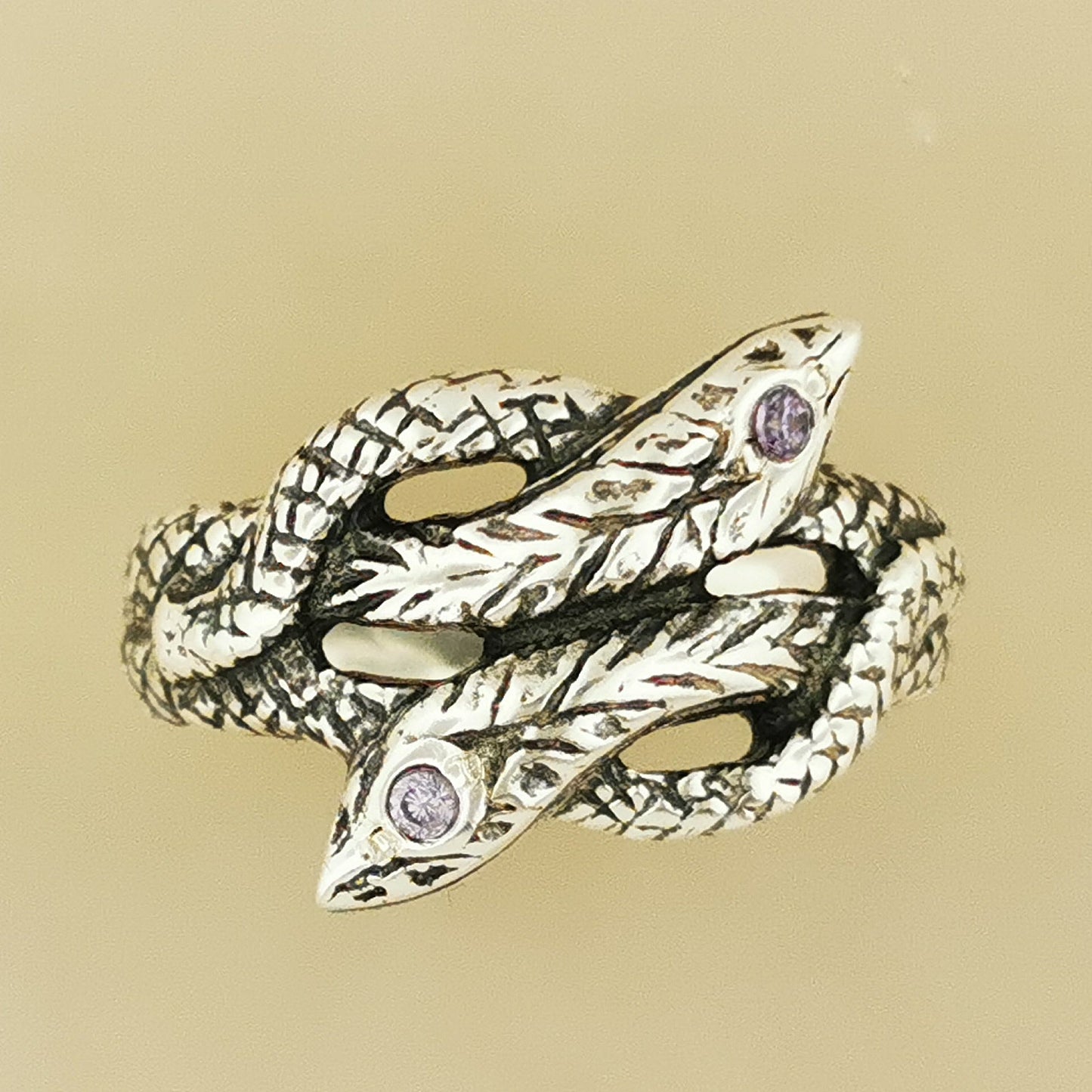Twin Coiled Snakes Ring with June Birthstones in Sterling Silver - Le Dragon Argenté