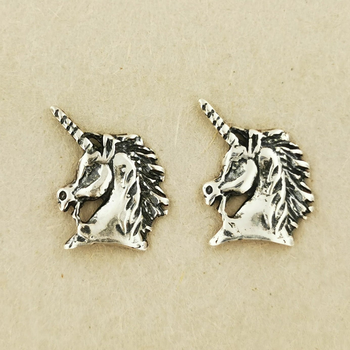 Handmade Sterling Silver Unicorn Head Earrings with fantasy design by Le Dragon Argenté