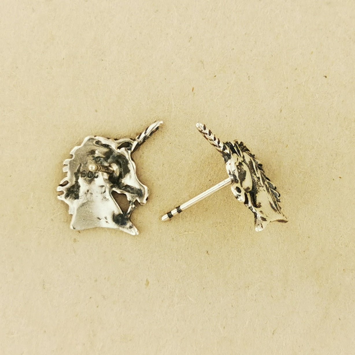 Handmade Sterling Silver Unicorn Head Earrings with fantasy design by Le Dragon Argenté