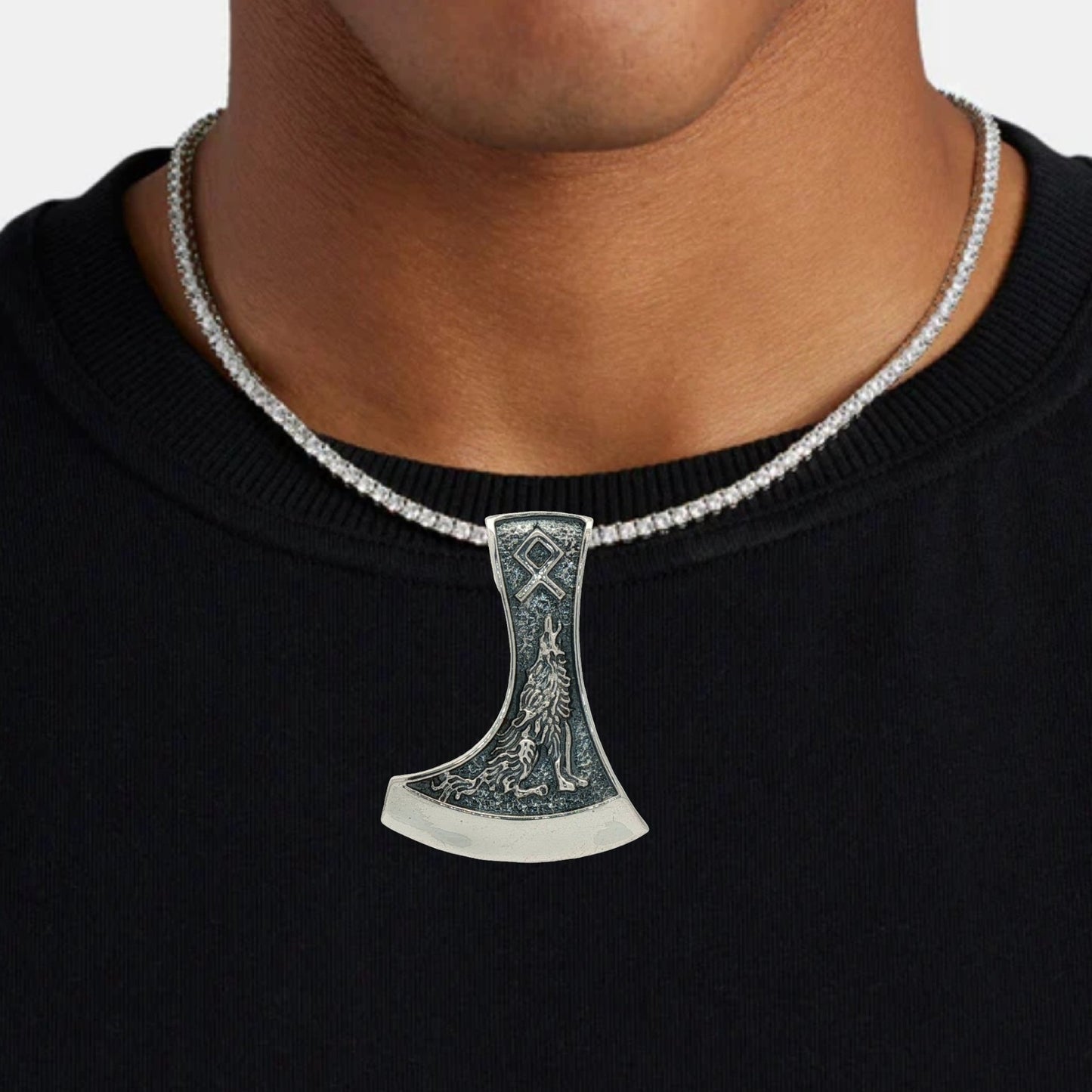 Nordic Axe Pendant with Wolf and Raven in Sterling Silver On Model – Symbolic Viking Jewellery by Le Dragon Argenté