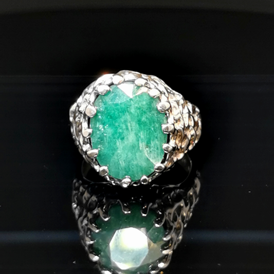 Sterling Silver Cocktail Ring with Oval Opaque Emerald, size 9