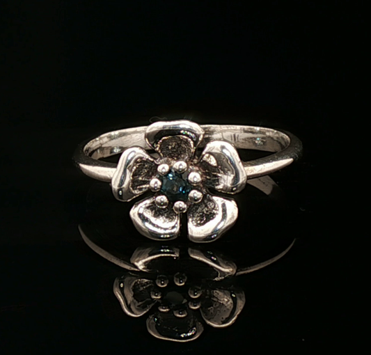 Sterling Silver Flower Solitaire Ring, Sapphire, size 7.5