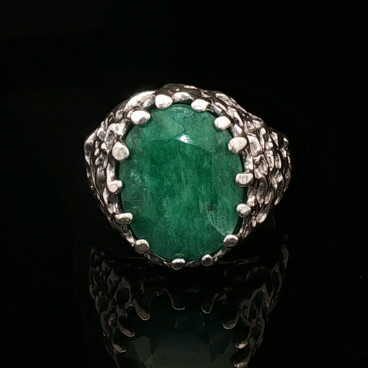 Sterling Silver Cocktail Ring with Oval Opaque Emerald, size 9