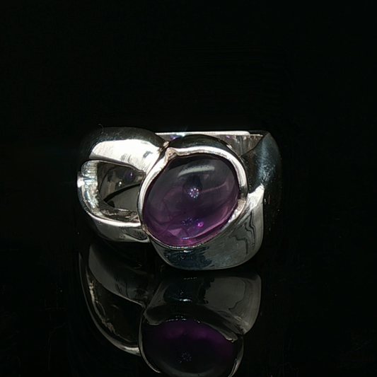 Sterling Silver Cocktail Ring with Cabochon Amethyst, size 6