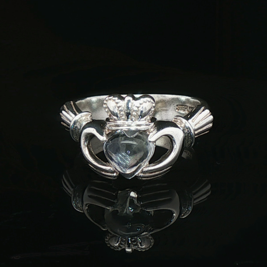Sterling Silver Claddagh Ring with Heart-Shaped Crystal Quartz Cabochon, size 5