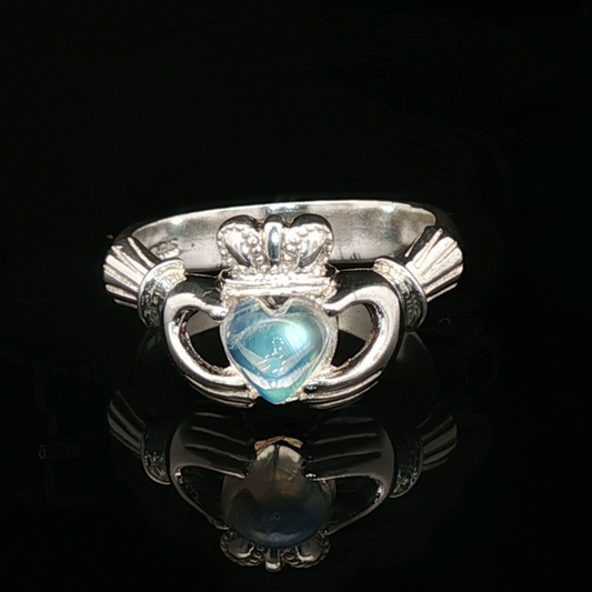 Sterling Silver Claddagh Ring with Rainbow Moonstone Cabochon, size 7
