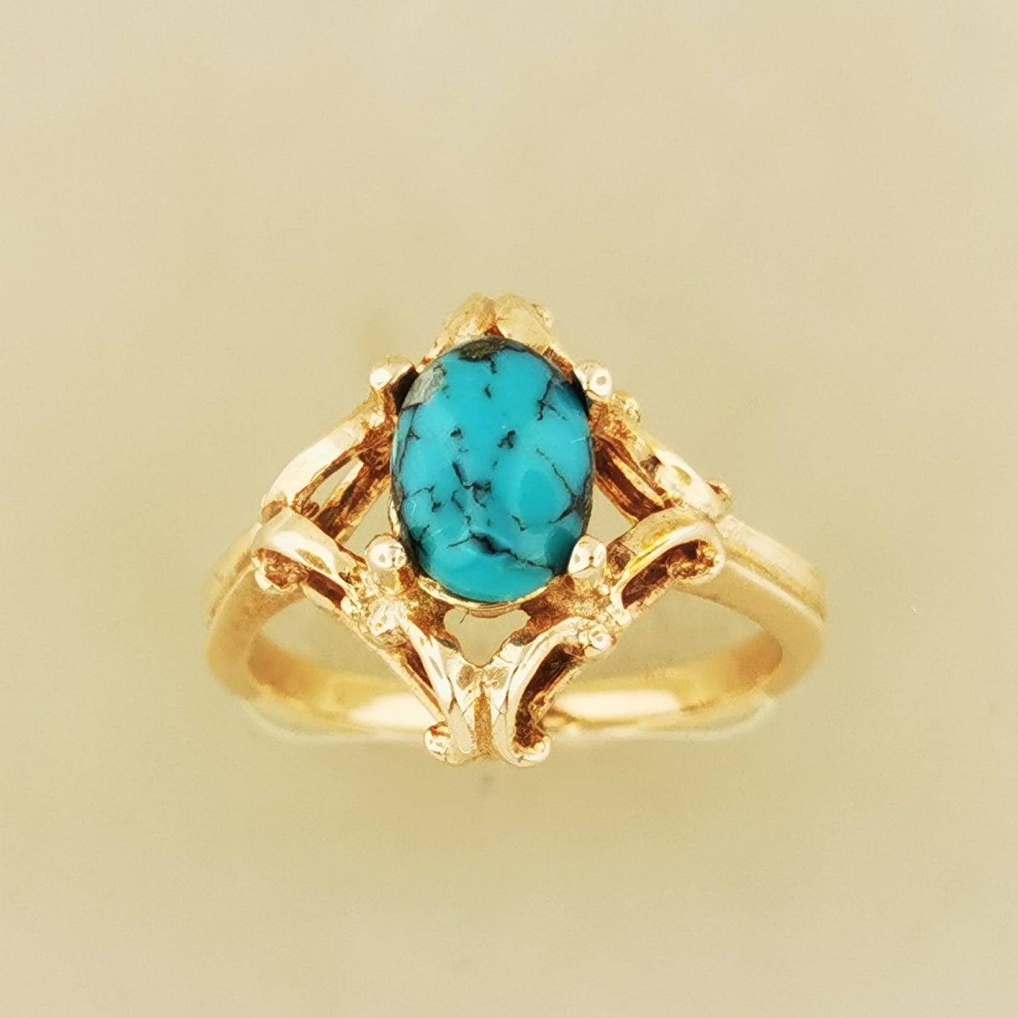 1950's Scrollwork Ring In Antique Bronze With Gemstone - Le Dragon Argenté