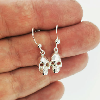 3D Skull earrings in sterling silver, silver skull earrings, sterling silver skull earrings, small skull earrings, small silver skull earrings, silver skull jewelry, silver skull jewellery, silver goth earrings, silver gothic earrings, silver witchy earrings, silver spooky earrings, spooky silver jewelry, spooky silver jewellery, human skull earrings, silver human skull earrings, sterling silver human skull earrings