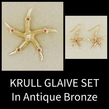 antique bronze krull glaive jewellery set, krull glaive set, krull glaive jewellery, 80s movie jewelry, 80s movie jewellery, scifi jewellery, scifi jewelry, krull pendant, krull earrings, bronze krull jewelry, bronze krull jewellery, antique bronze krull earrings, antique bronze krull pendant