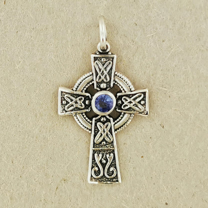 Small Celtic Cross with Gemstone in Sterling Silver or Antique Bronze