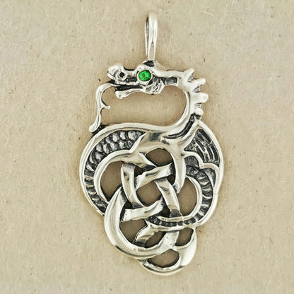 Celtic Knotwork Dragon in Sterling Silver with Gemstone Eye, Gemstone Dragon Pendant, Gemstone Dragon Jewelry, Celtic Sterling Silver Pendant, Sterling Silver Dragon Pendant, Silver Dragon Jewelry, Celtic Dragon Pendant, Celtic Knotwork Pendant