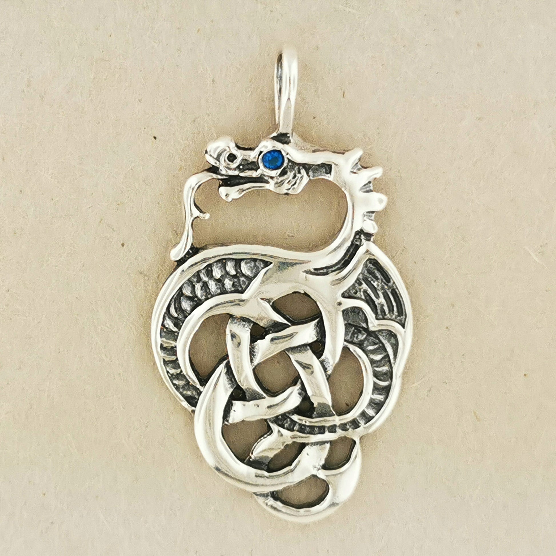 Celtic Knotwork Dragon in Sterling Silver with Gemstone Eye, Gemstone Dragon Pendant, Gemstone Dragon Jewelry, Celtic Sterling Silver Pendant, Sterling Silver Dragon Pendant, Silver Dragon Jewelry, Celtic Dragon Pendant, Celtic Knotwork Pendant