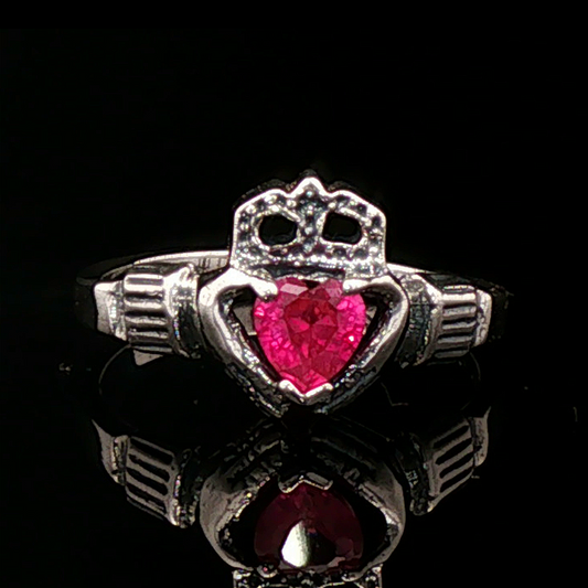 Sterling Silver Claddagh Ring with Chatham Ruby Heart - Le Dragon Argenté