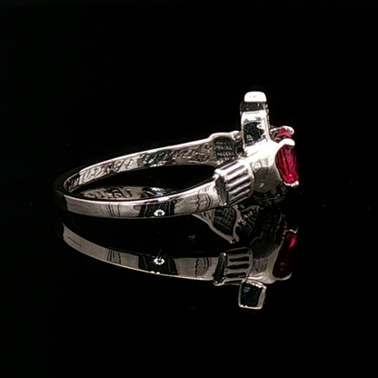 Sterling Silver Claddagh Ring with Chatham Ruby Heart - Le Dragon Argenté
