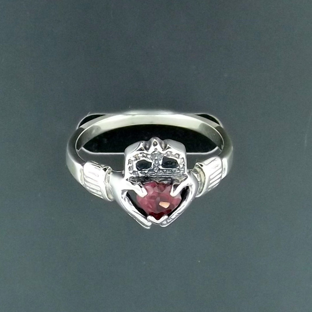 925 Sterling Silver Claddagh Ring with Garnet Gemstone Heart, Irish Celtic Claddagh Ring with Gemstone, Ladies Celtic Claddagh Ring with Gemstone, Birthstone Claddagh Ring