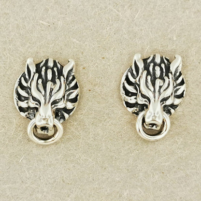 Handcrafted FF7 Fenrir stud earrings in sterling silver, inspired by Final Fantasy VII, featuring intricate wolf design for retro gamer fans and jewellery lovers alike.