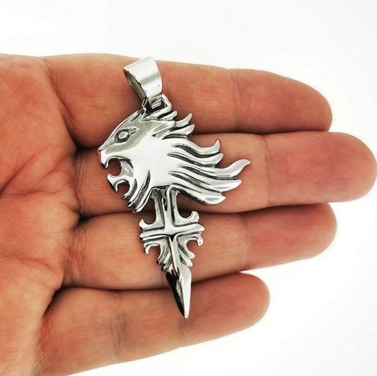 Final Fantasy 8 Squall Griever Pendant Version 2 in Stainless Steel, FF8 Sleeping Lion Pendant, Final Fantasy VIII Pendant, stainless steel gamer pendant, stainless steel griever pendant, final fantasy jewelry, gamer pendant stainless steel, medium griever pendant, medium griever pendant in stainless steel, stainless steel medium griever pendant, FF8 griever pendant, Final Fantasy 8 pendant