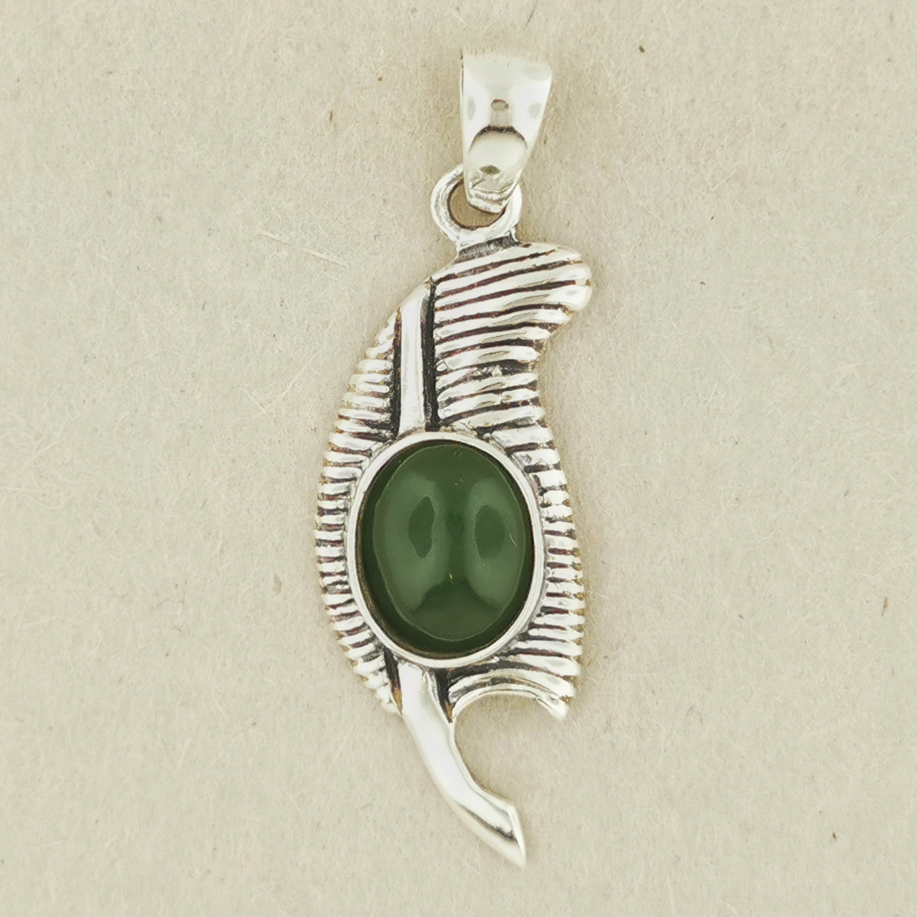 Feather of Ma'at Pendant in Sterling Silver with Nephrite Jade, Egyptian Feather Pendant, Egyptian Goddess Pendant, Goddess of Truth Pendant, Silver Egyptian Feather Pendant, Silver Ma’at Pendant, Egyptian Silver Pendant, Silver Gemstone Egyptian Feather Pendant