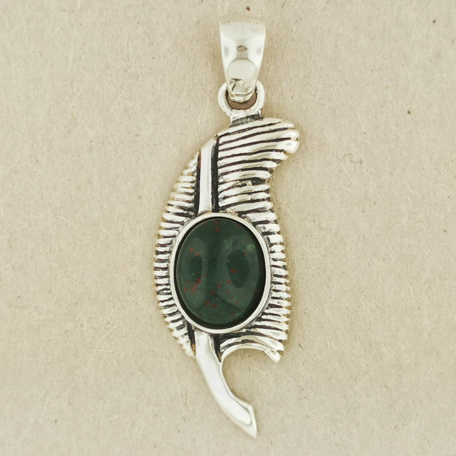 Feather of Ma'at Pendant in Sterling Silver with Bloodstone Jasper, Egyptian Feather Pendant, Egyptian Goddess Pendant, Goddess of Truth Pendant, Silver Egyptian Feather Pendant, Silver Ma’at Pendant, Egyptian Silver Pendant, Silver Gemstone Egyptian Feather Pendant