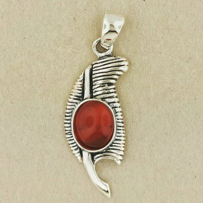 Feather of Ma'at Pendant in Sterling Silver with Carnelian, Egyptian Feather Pendant, Egyptian Goddess Pendant, Goddess of Truth Pendant, Silver Egyptian Feather Pendant, Silver Ma’at Pendant, Egyptian Silver Pendant, Silver Gemstone Egyptian Feather Pendant