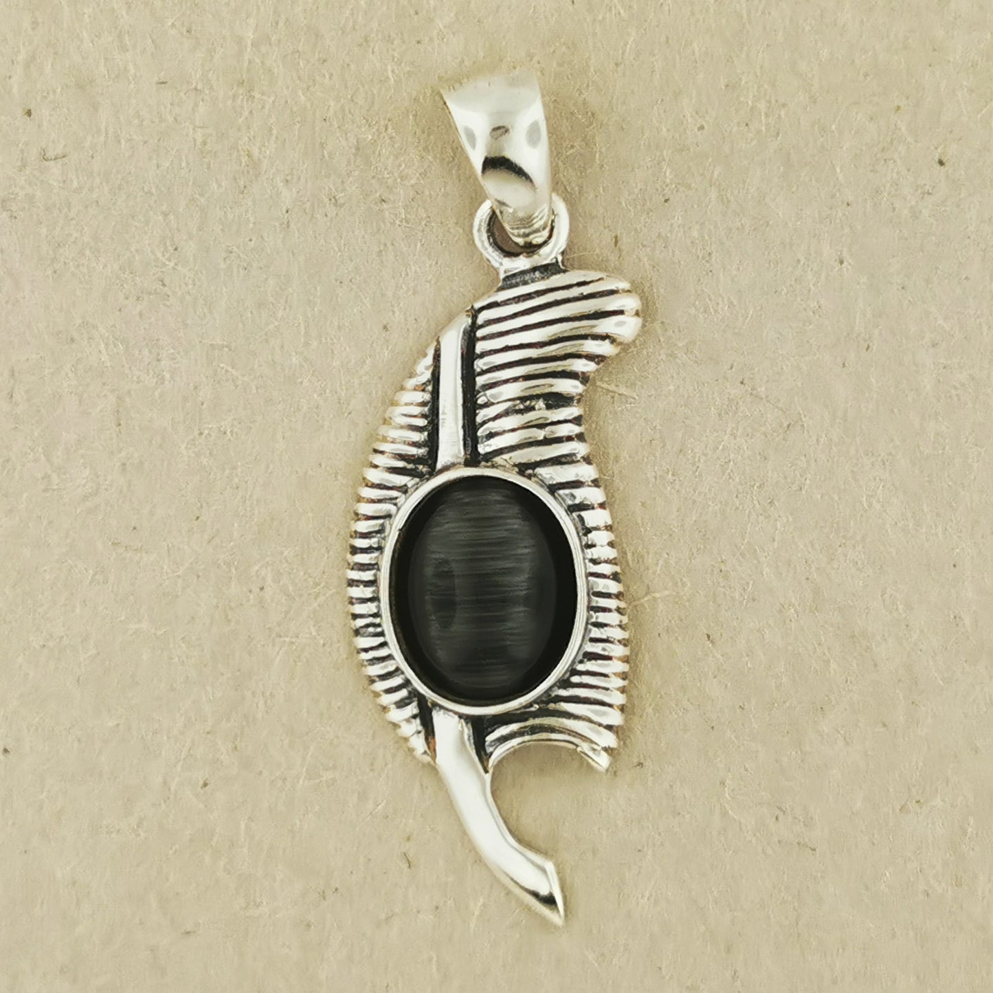 Feather of Ma'at Pendant in Sterling Silver with Cat's Eye Glass, Egyptian Feather Pendant, Egyptian Goddess Pendant, Goddess of Truth Pendant, Silver Egyptian Feather Pendant, Silver Ma’at Pendant, Egyptian Silver Pendant, Silver Gemstone Egyptian Feather Pendant