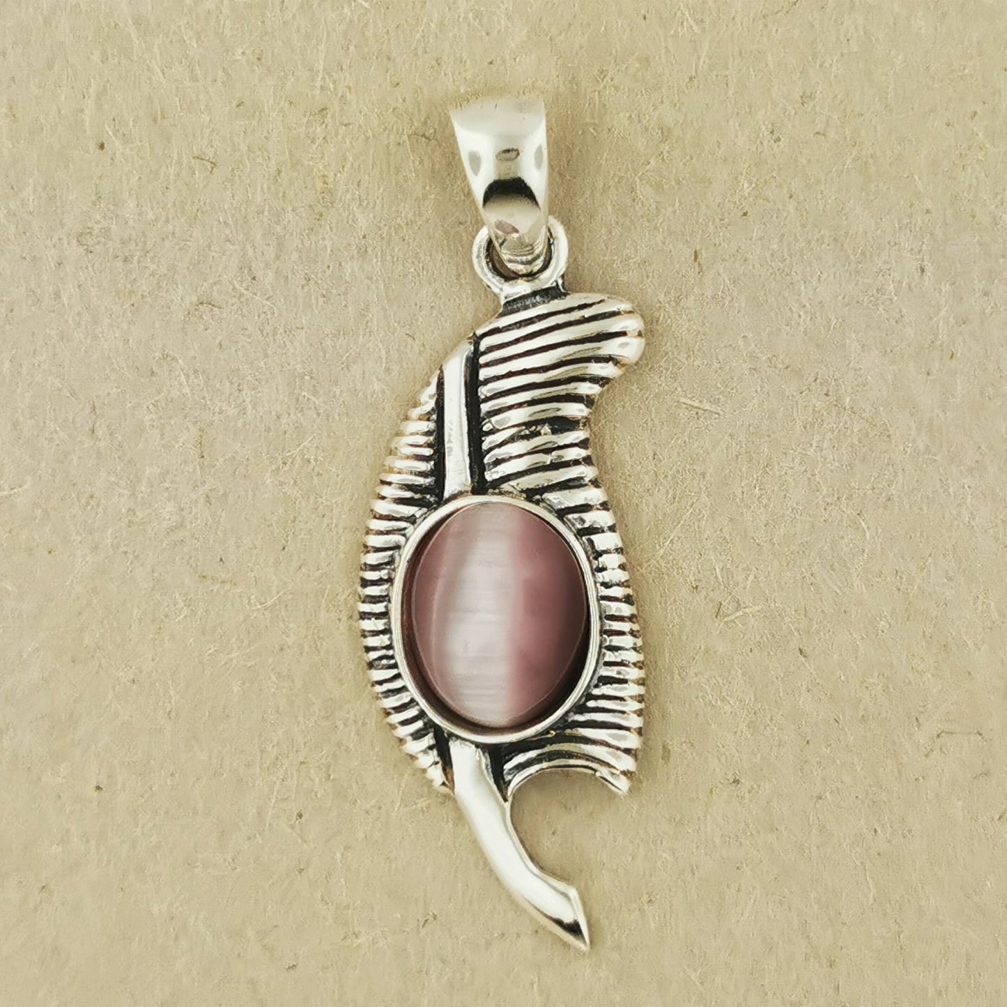Feather of Ma'at Pendant in Sterling Silver with Cat's Eye Glass, Egyptian Feather Pendant, Egyptian Goddess Pendant, Goddess of Truth Pendant, Silver Egyptian Feather Pendant, Silver Ma’at Pendant, Egyptian Silver Pendant, Silver Gemstone Egyptian Feather Pendant