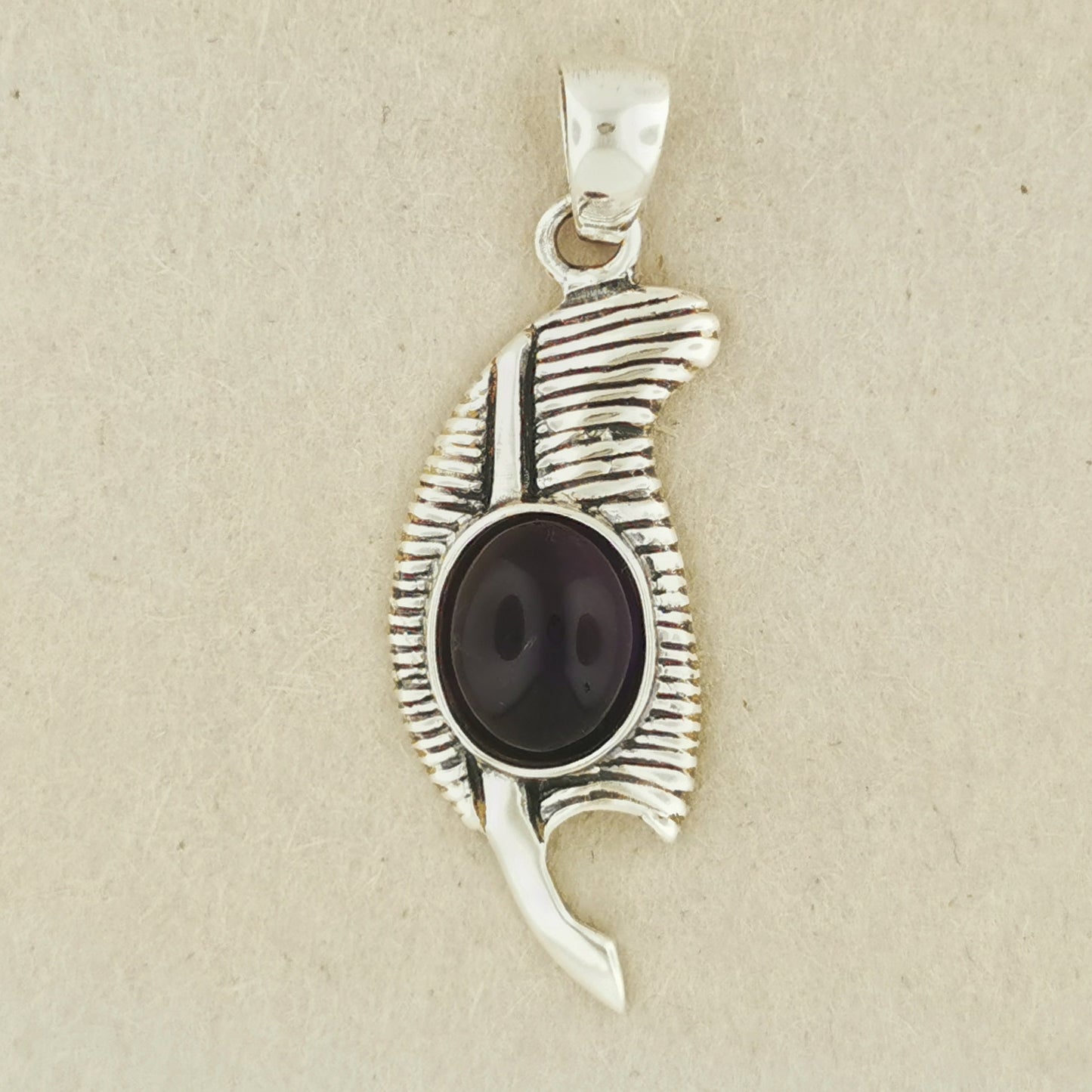 Feather of Ma'at Pendant in Sterling Silver with Dark Amethyst, Egyptian Feather Pendant, Egyptian Goddess Pendant, Goddess of Truth Pendant, Silver Egyptian Feather Pendant, Silver Ma’at Pendant, Egyptian Silver Pendant, Silver Gemstone Egyptian Feather Pendant