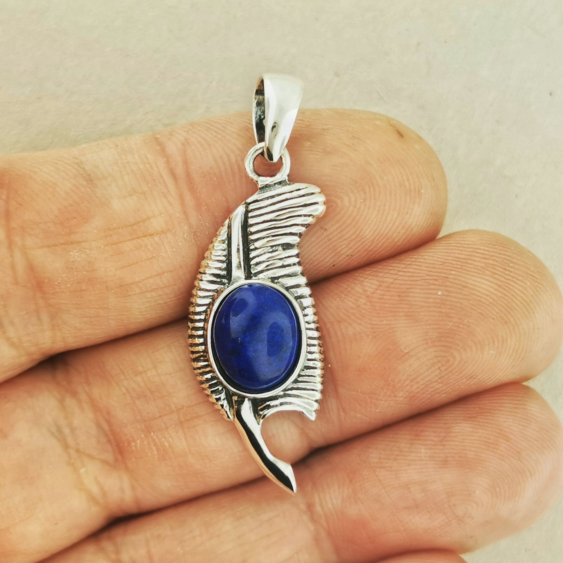 Feather of Ma'at Pendant in Sterling Silver with Lapis Lazuli, Egyptian Feather Pendant, Egyptian Goddess Pendant, Goddess of Truth Pendant, Silver Egyptian Feather Pendant, Silver Ma’at Pendant, Egyptian Silver Pendant, Silver Gemstone Egyptian Feather Pendant
