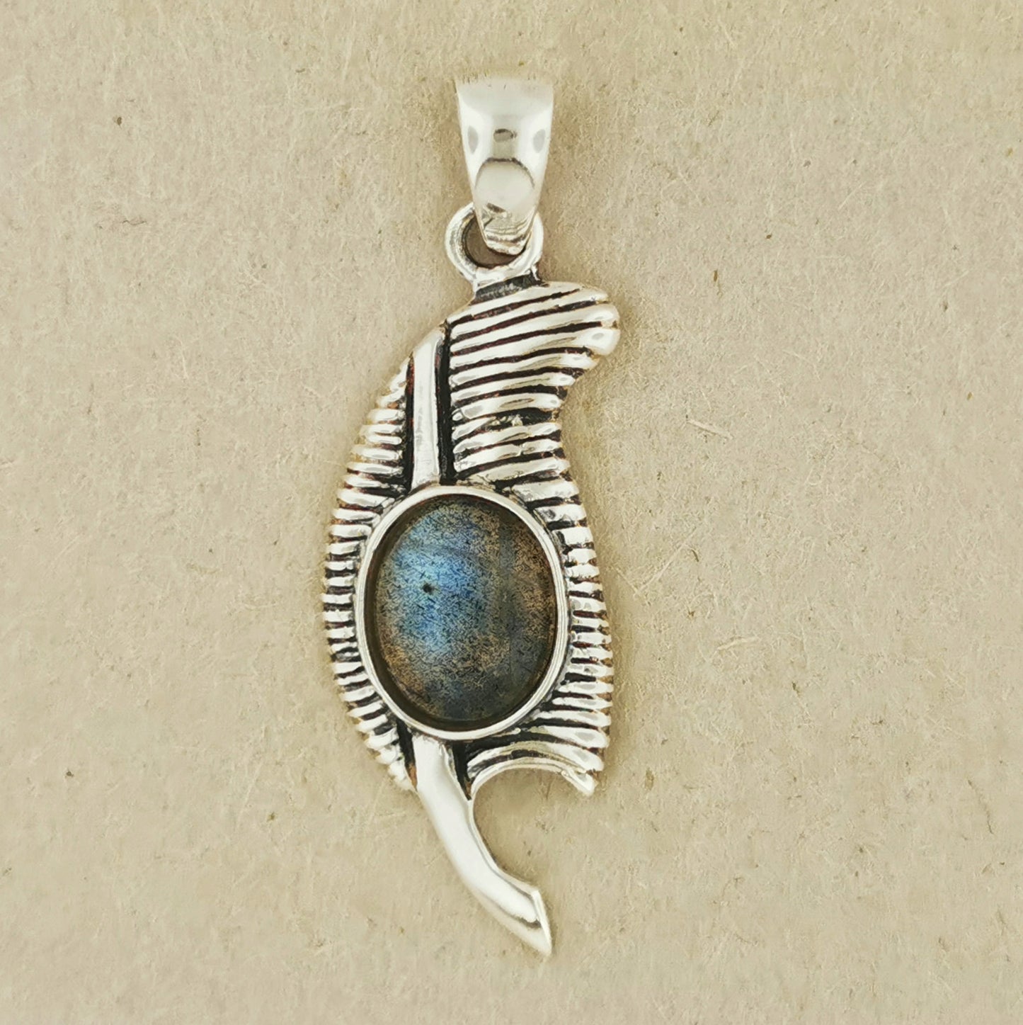 Feather of Ma'at Pendant in Sterling Silver with Labradorite, Egyptian Feather Pendant, Egyptian Goddess Pendant, Goddess of Truth Pendant, Silver Egyptian Feather Pendant, Silver Ma’at Pendant, Egyptian Silver Pendant, Silver Gemstone Egyptian Feather Pendant