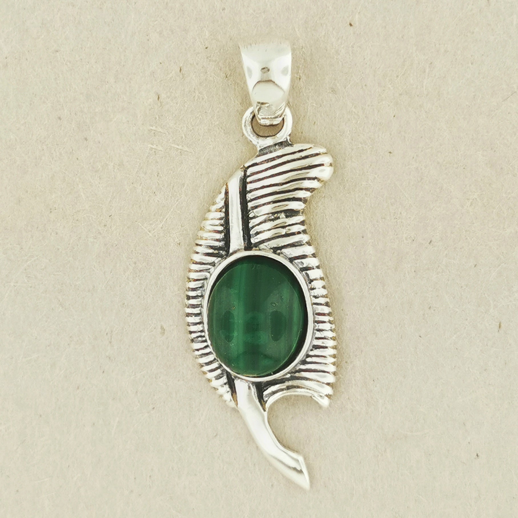 Feather of Ma'at Pendant in Sterling Silver with Malachite, Egyptian Feather Pendant, Egyptian Goddess Pendant, Goddess of Truth Pendant, Silver Egyptian Feather Pendant, Silver Ma’at Pendant, Egyptian Silver Pendant, Silver Gemstone Egyptian Feather Pendant