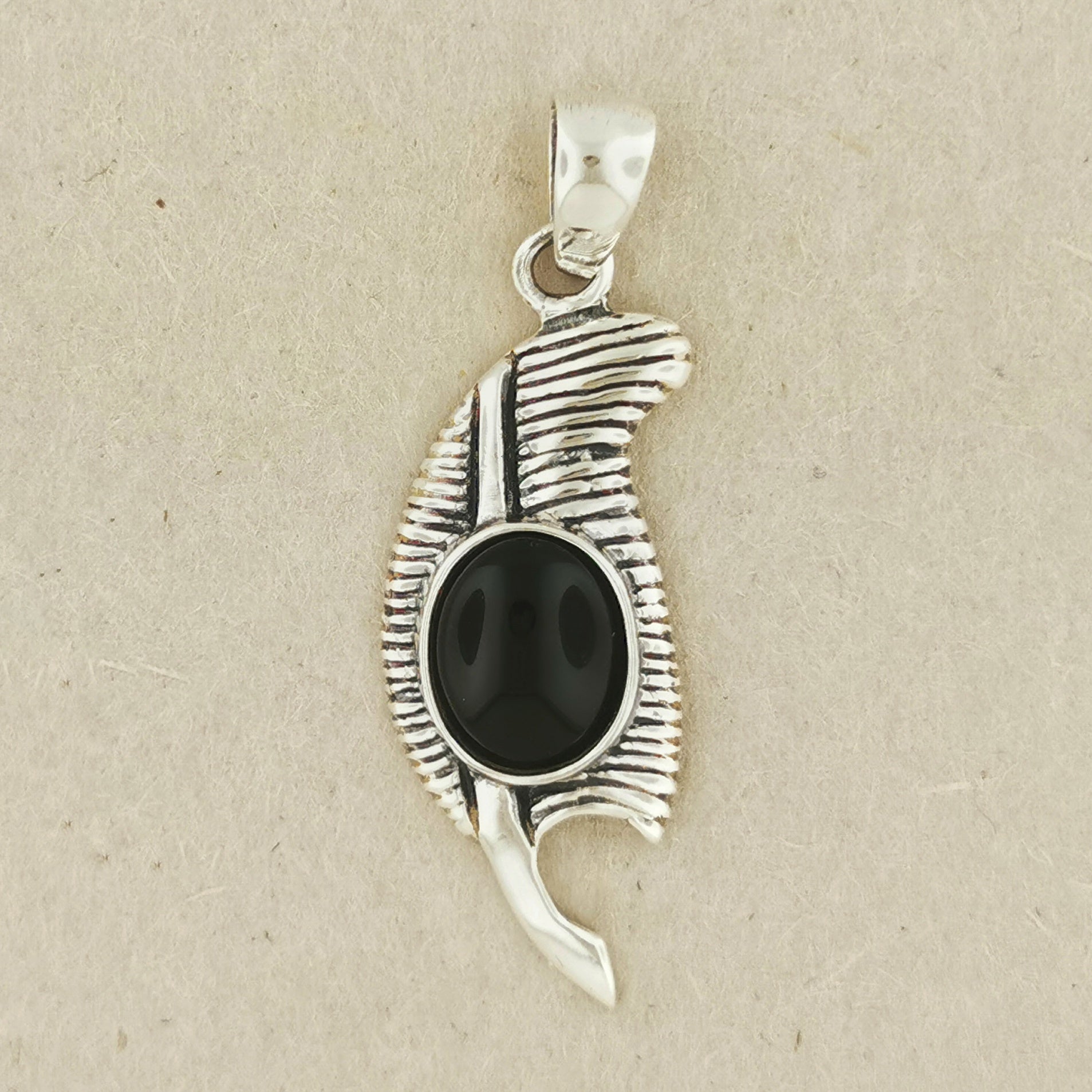 Feather of Ma'at Pendant in Sterling Silver with Onyx, Egyptian Feather Pendant, Egyptian Goddess Pendant, Goddess of Truth Pendant, Silver Egyptian Feather Pendant, Silver Ma’at Pendant, Egyptian Silver Pendant, Silver Gemstone Egyptian Feather Pendant