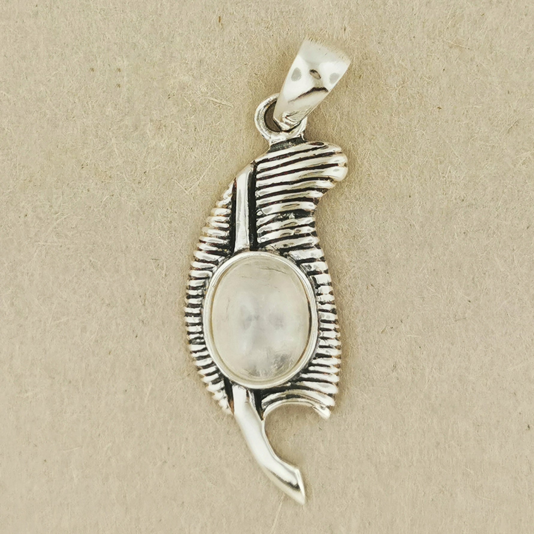 Feather of Ma'at Pendant in Sterling Silver with Rainbow Moonstone, Egyptian Feather Pendant, Egyptian Goddess Pendant, Goddess of Truth Pendant, Silver Egyptian Feather Pendant, Silver Ma’at Pendant, Egyptian Silver Pendant, Silver Gemstone Egyptian Feather Pendant