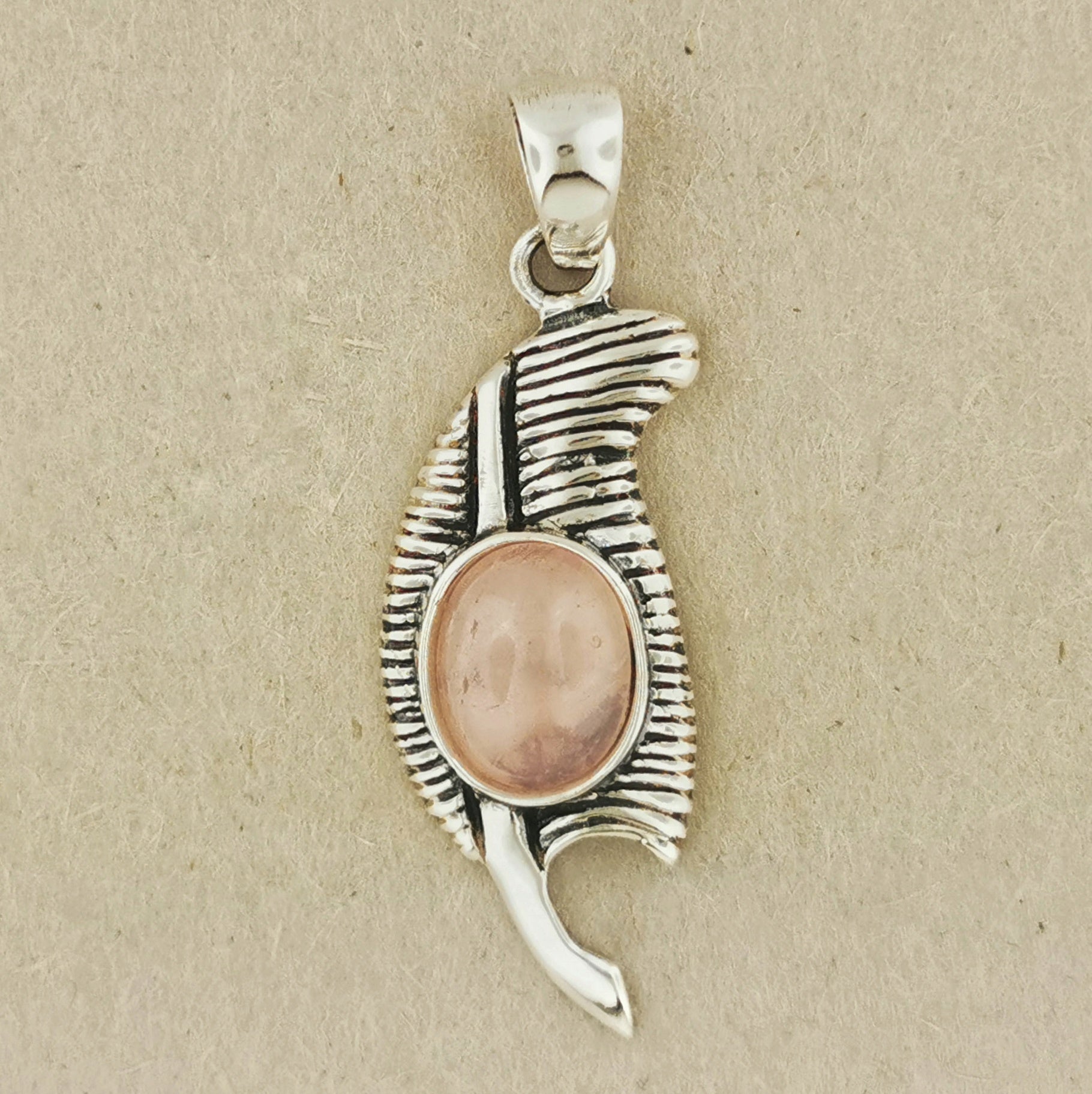 Feather of Ma'at Pendant in Sterling Silver with Rose Quartz, Egyptian Feather Pendant, Egyptian Goddess Pendant, Goddess of Truth Pendant, Silver Egyptian Feather Pendant, Silver Ma’at Pendant, Egyptian Silver Pendant, Silver Gemstone Egyptian Feather Pendant