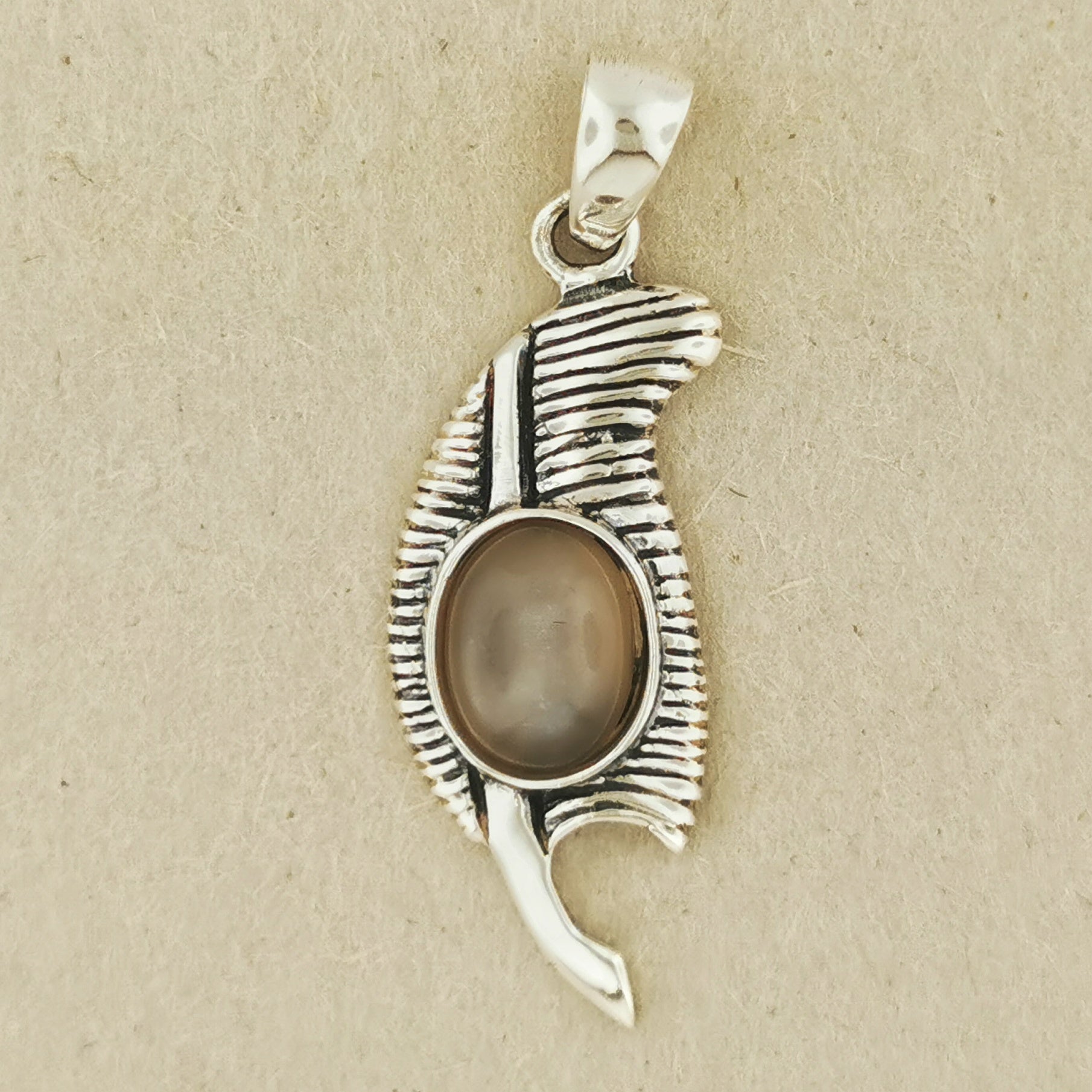 Feather of Ma'at Pendant in Sterling Silver with Silver Moonstone, Egyptian Feather Pendant, Egyptian Goddess Pendant, Goddess of Truth Pendant, Silver Egyptian Feather Pendant, Silver Ma’at Pendant, Egyptian Silver Pendant, Silver Gemstone Egyptian Feather Pendant