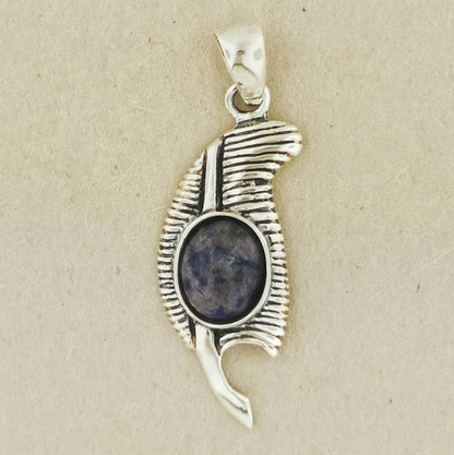 Feather of Ma'at Pendant in Sterling Silver with Sodalite, Egyptian Feather Pendant, Egyptian Goddess Pendant, Goddess of Truth Pendant, Silver Egyptian Feather Pendant, Silver Ma’at Pendant, Egyptian Silver Pendant, Silver Gemstone Egyptian Feather Pendant