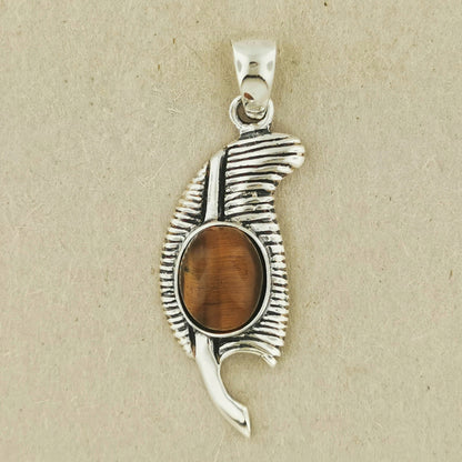 Feather of Ma'at Pendant in Sterling Silver with Tiger's Eye, Egyptian Feather Pendant, Egyptian Goddess Pendant, Goddess of Truth Pendant, Silver Egyptian Feather Pendant, Silver Ma’at Pendant, Egyptian Silver Pendant, Silver Gemstone Egyptian Feather Pendant