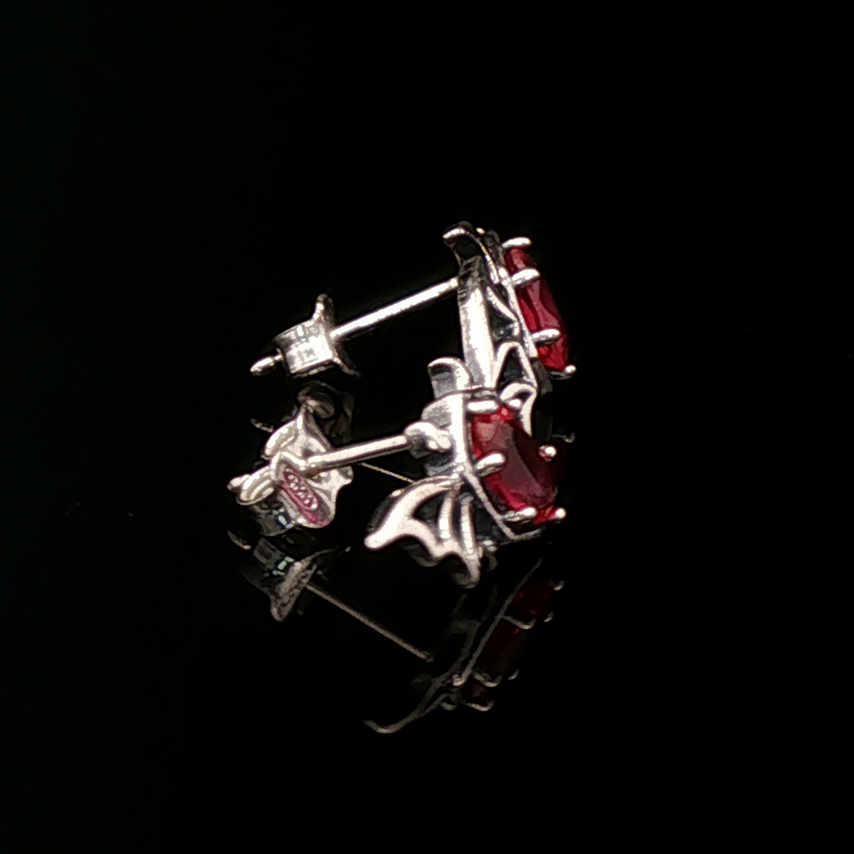 Silver Gothic Bat Wing Stud Earrings with Oval Imitation Birthstones