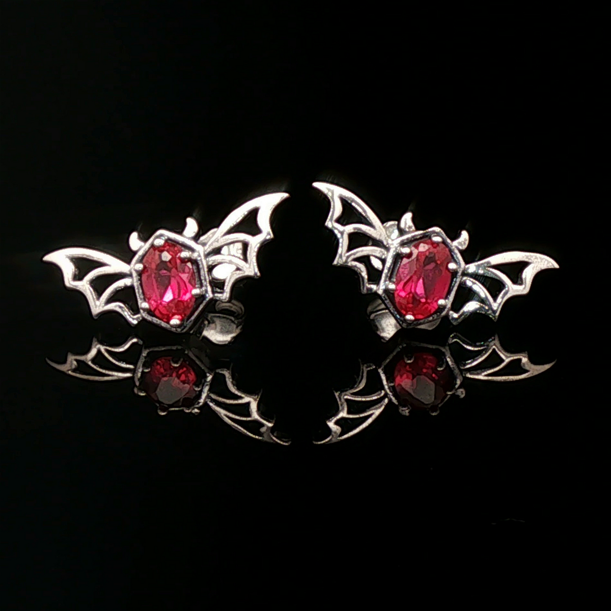 Silver Gothic Bat Wing Stud Earrings with Oval Imitation Birthstones