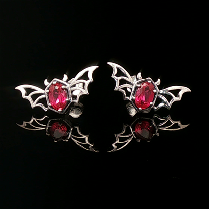 Silver Gothic Bat Wing Stud Earrings with Oval Imitation Birthstones
