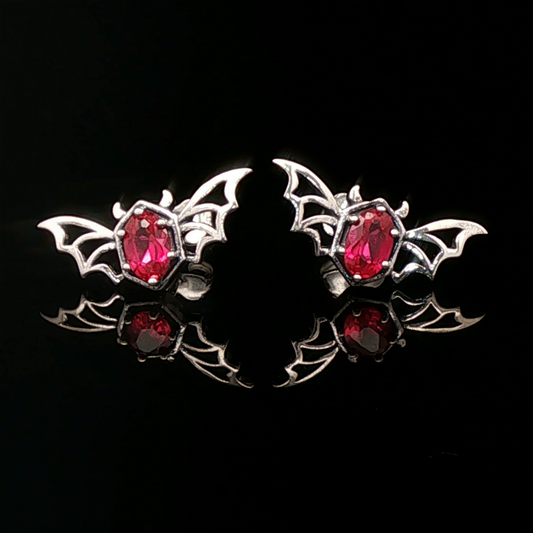 Silver Gothic Bat Wing Stud Earrings with Oval Imitation Birthstones