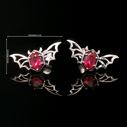 Silver Gothic Bat Wing Stud Earrings with Oval Imitation Birthstones