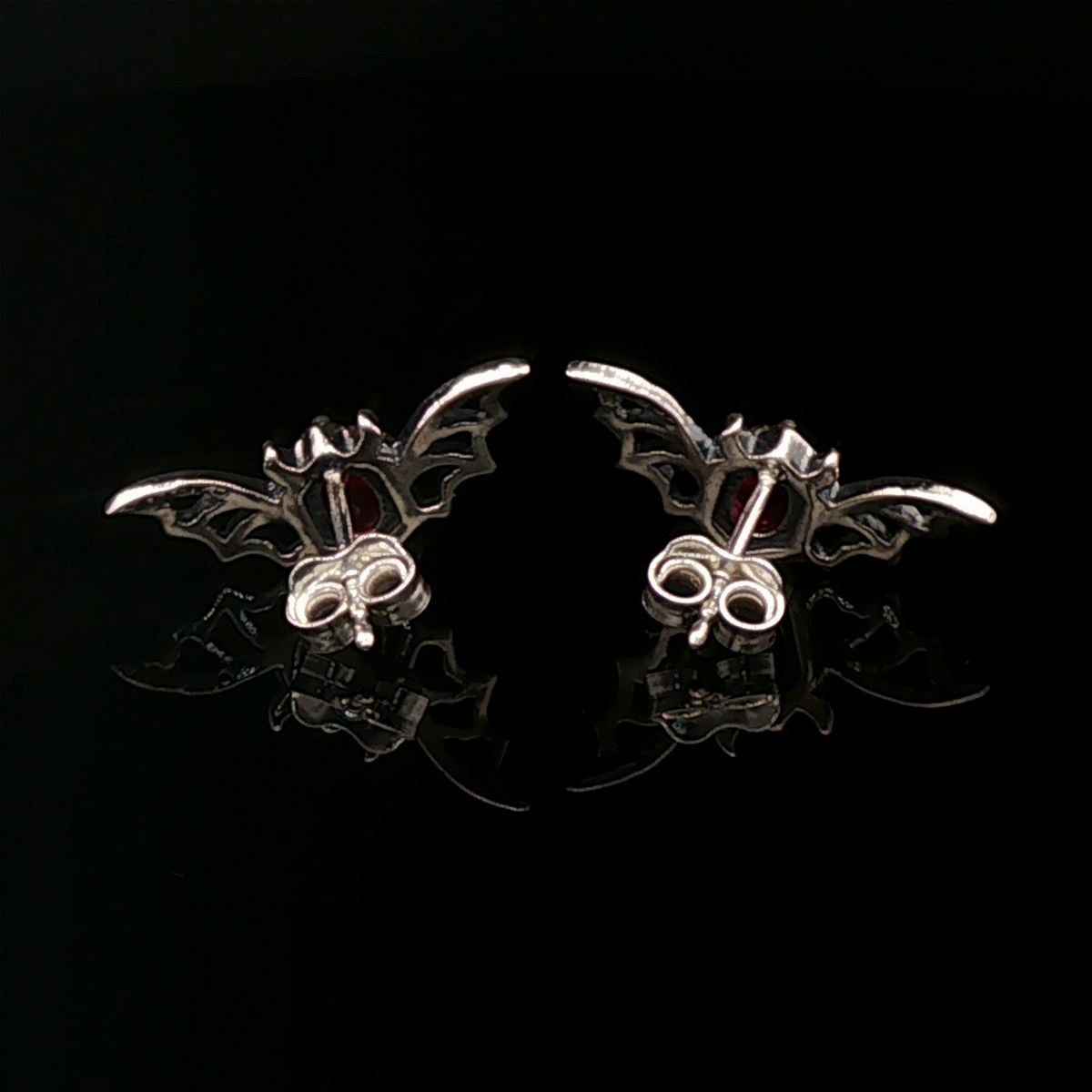 Silver Gothic Bat Wing Stud Earrings with Oval Imitation Birthstones