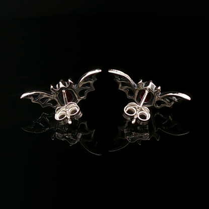 Silver Gothic Bat Wing Stud Earrings with Oval Imitation Birthstones