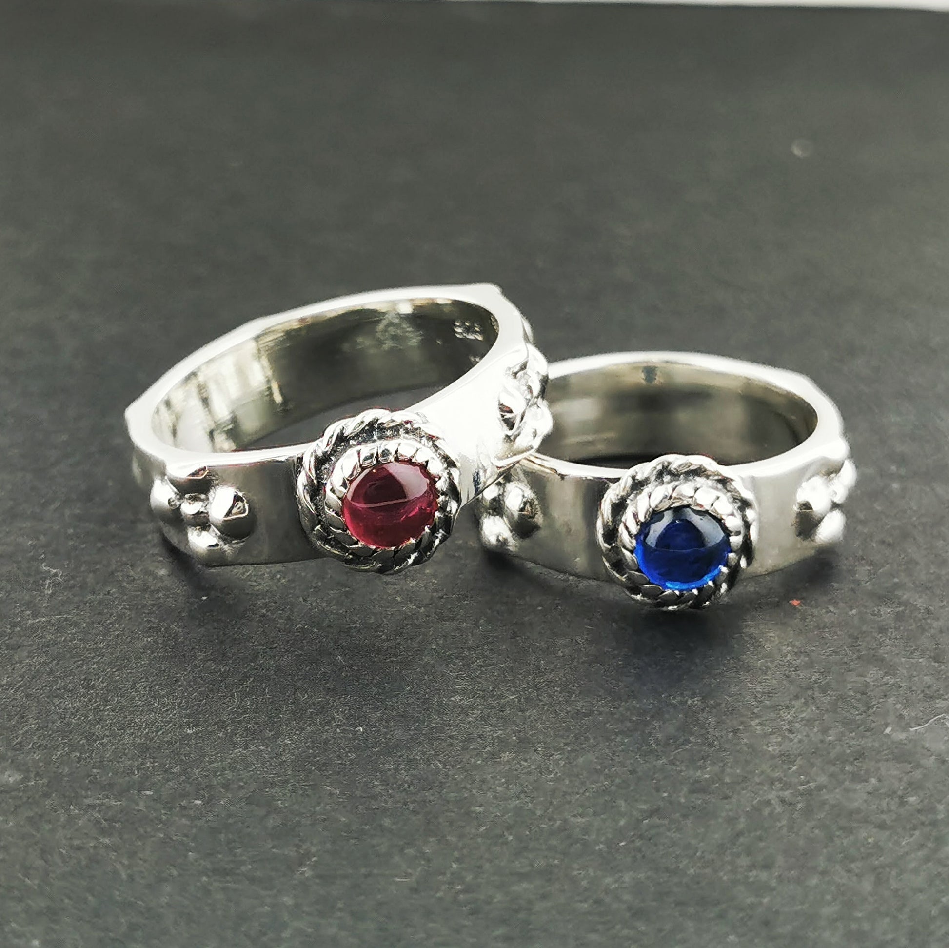 Matching Howl and Sophie Set of Two Rings in Sterling Silver, Howls Moving Castle Wedding Set, Birthstone Wedding Band Set, Couples Ring Set, How and Sophie Set, Silver Howl Ring, Howl Sophie Ring, Birthstone Ring Set, Howls Wedding Set, Matching Howl and Sophie Rings in Sterling Silver with Cabochon Birthstones