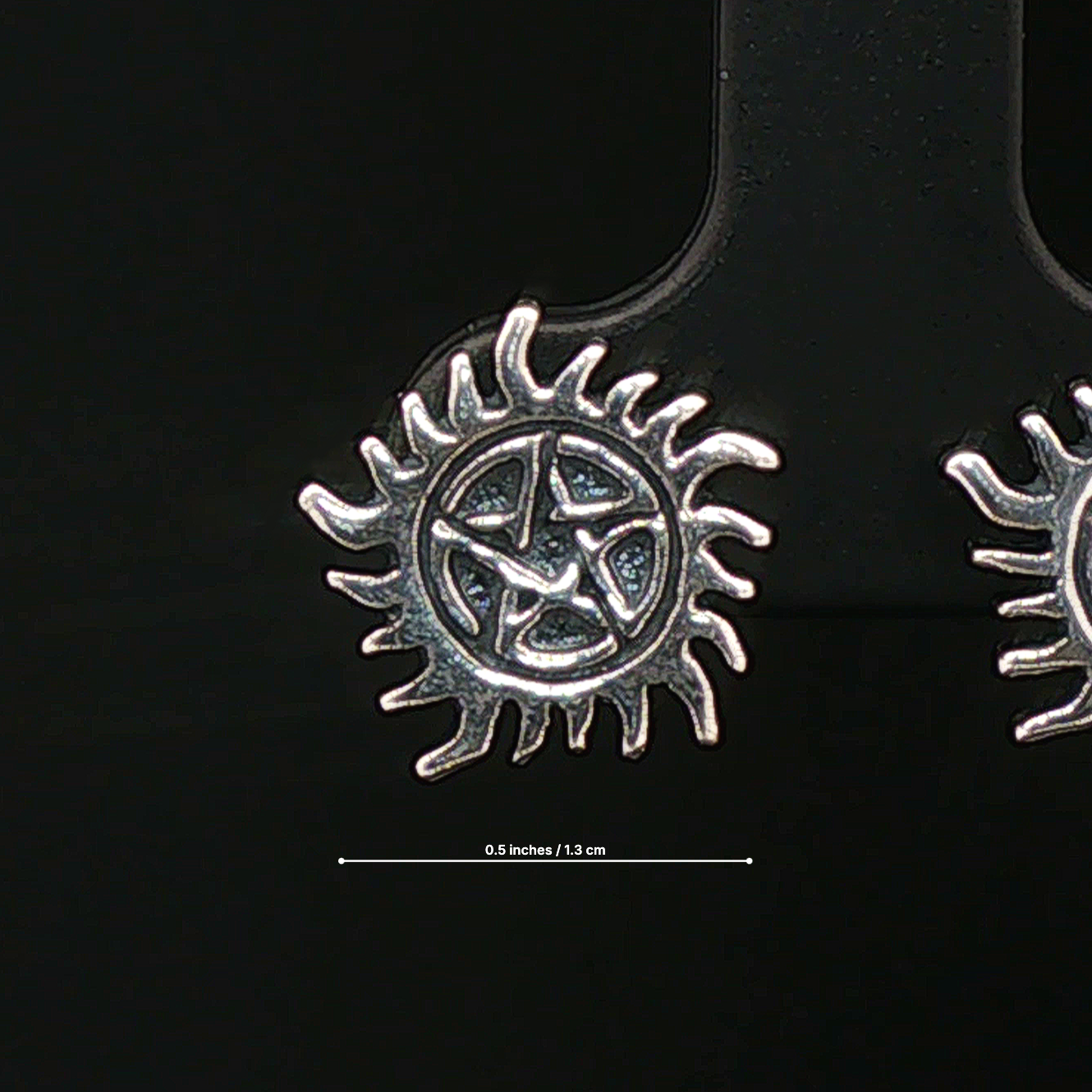Hunters Pentacle sterling silver stud earrings inspired by dark lore and mystical symbols, handcrafted for fans by Le Dragon Argenté.