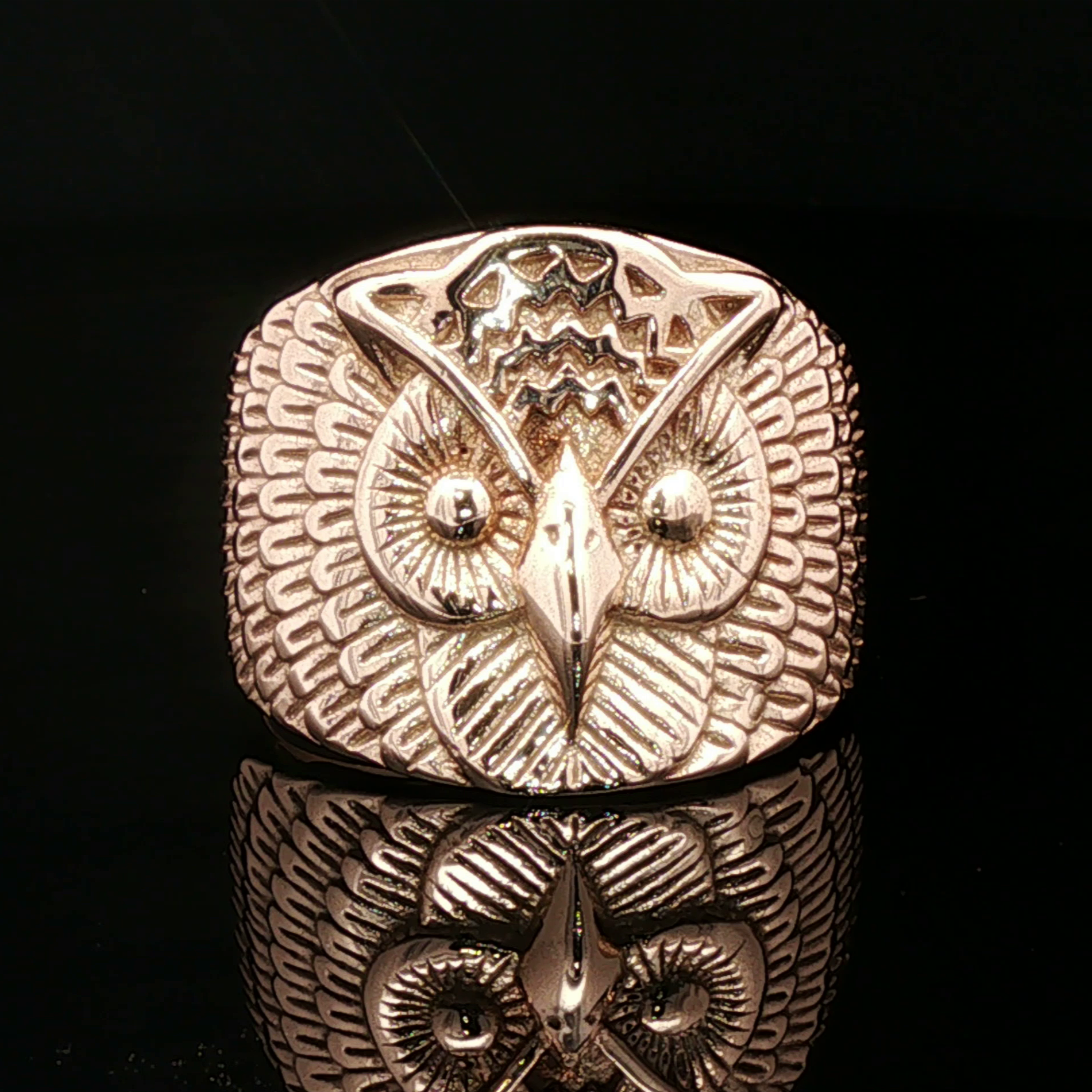 Large owl signet ring in antique bronze with detailed owl face design by Le Dragon Argenté.